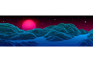 Neon grid landscape and sun with 80s