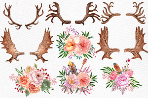 Watercolor Floral Antlers Clipart