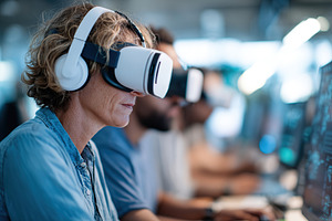 Virtual reality experience engages individuals in a modern tech environment, a Technology Photo by AlyaAnd