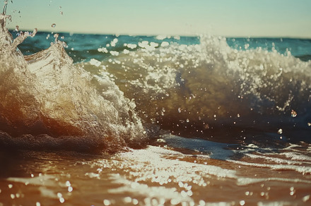 Waves crashing on a sunlit beach dur, a Photo by Iftikhar Alam