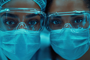 Female doctor wearing medicine mask and protective eyeglasses, a Photo by AlyaAnd