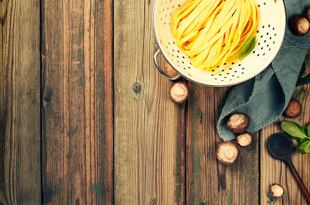Cooking background with fresh pasta tagliatelle and mushrooms fl, a Food & Drink Photo by Natalia Klenova's Shop