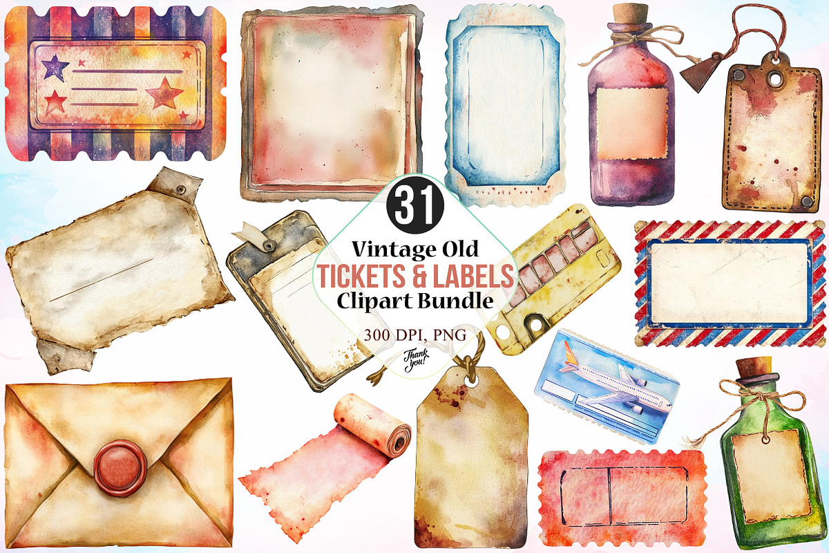 Vintage Old Tickets & Labels Clipart, a Seasonal Illustration by Canvas Craft (Photo 1 of 3)