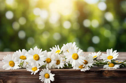 Beautiful daisies on wooden table ou, a Photo by Iftikhar Alam