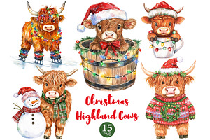 Christmas Highland Cows Clipart, a Seasonal Illustration by GlamArtZhanna