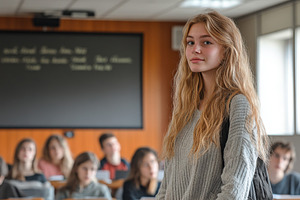 Student stands confidently in classr, a Photo by Tanuart