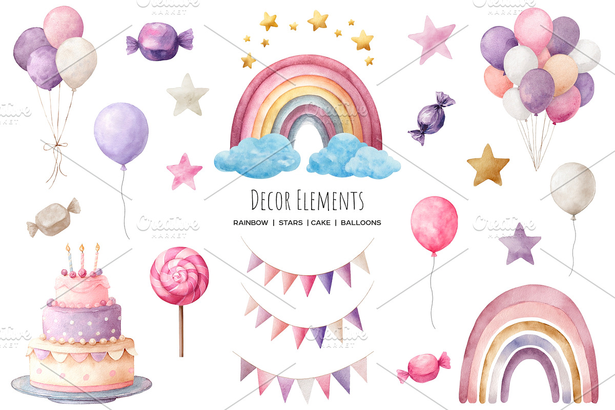 Watercolor cute unicorn clipart, an Object Illustration by Art and Funny (Photo 3 of 7)