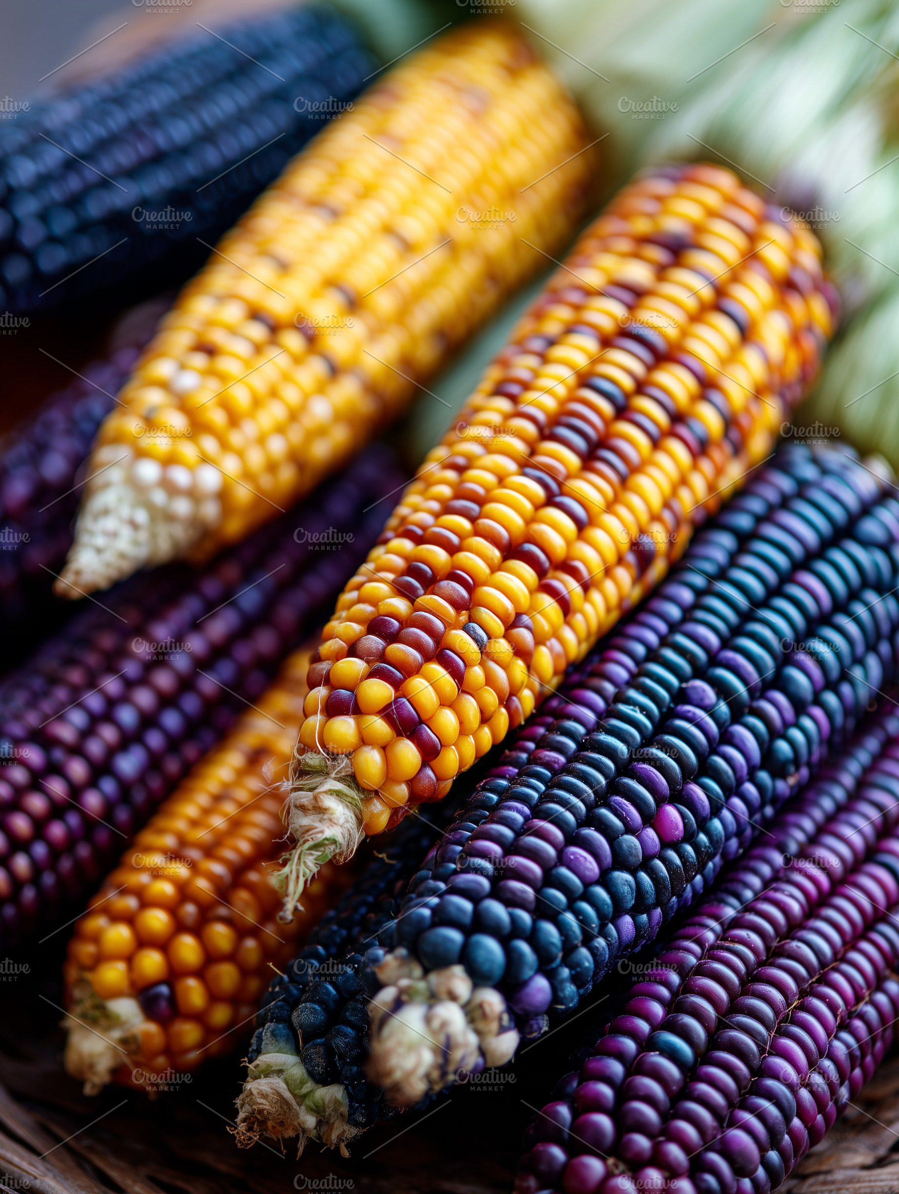 Colorful heirloom corn cobs close up, a Food & Drink Photo by MistyDay