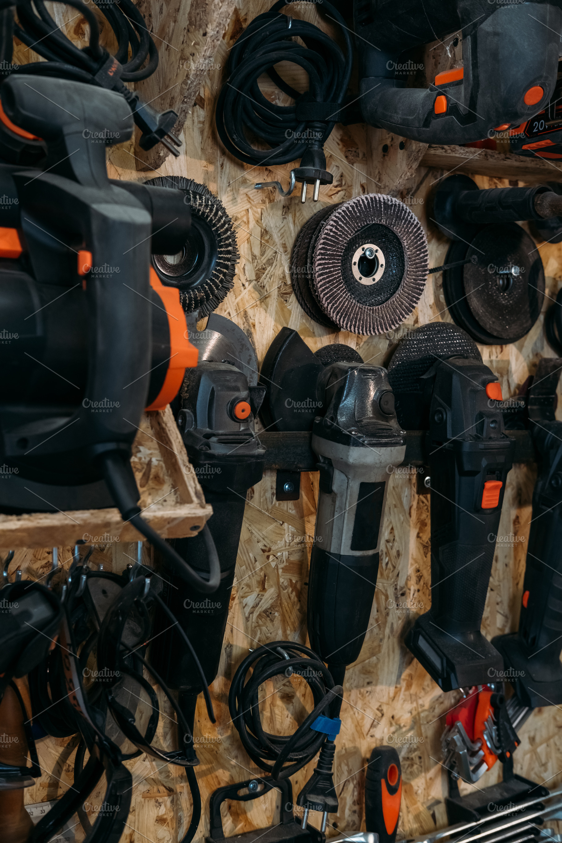 Power tools grinding discs collection joinery rack, an Industrial Photo by Photo Drive Studio