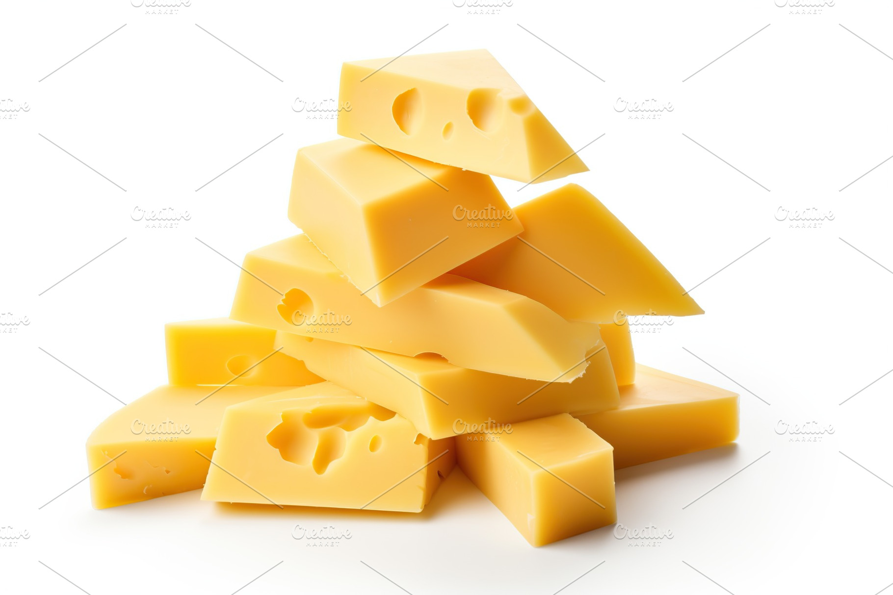 Pieces of cheese on white background, a Food & Drink Photo by AlyaAnd