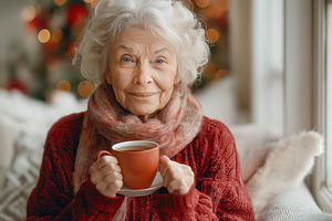 An elderly Caucasian woman enjoys a warm cup of tea, cozy in a knitted sweater, a Background Photo by ImageMir