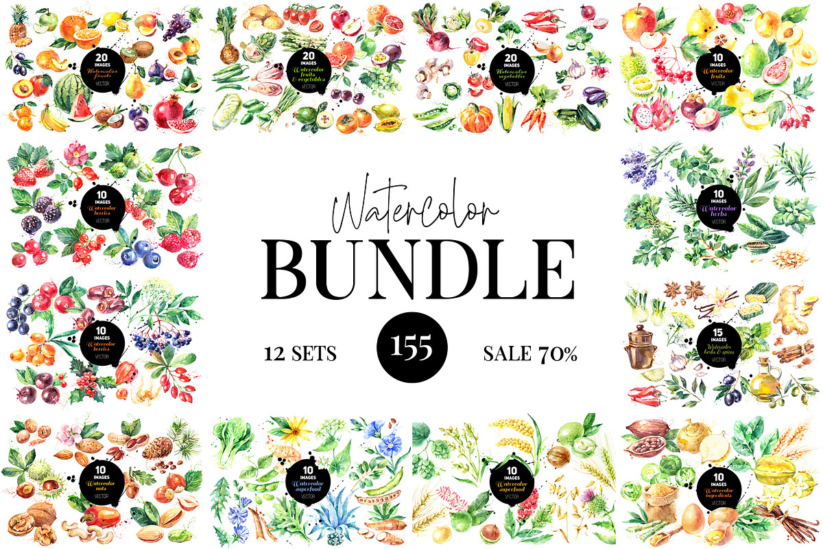 Watercolor Bundle Vector Set, a Food Illustration by Elena Pimonova (Photo 1 of 13)