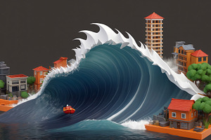 Giant Wave Approaching Coastal Town, a Nature Photo by Stock Shape