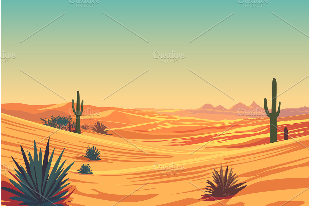 Cartoon desert with cacti and plants, an Illustration by LadadikArt