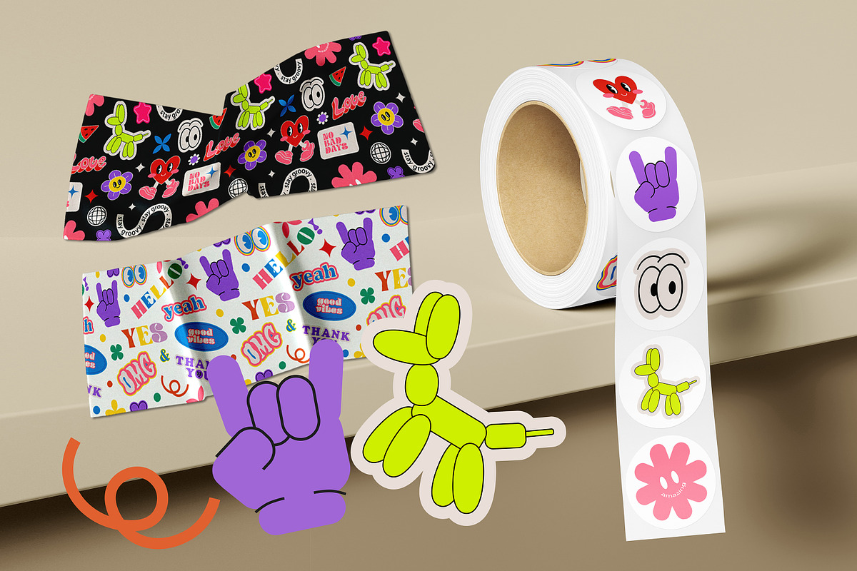 HAND DRAWN RETRO STICKERS + PATTERN, a Decorative Illustration by UnaAnya (Photo 5 of 5)