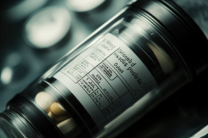 A detailed shot of a pill bottle, a Photo by Pavel_design