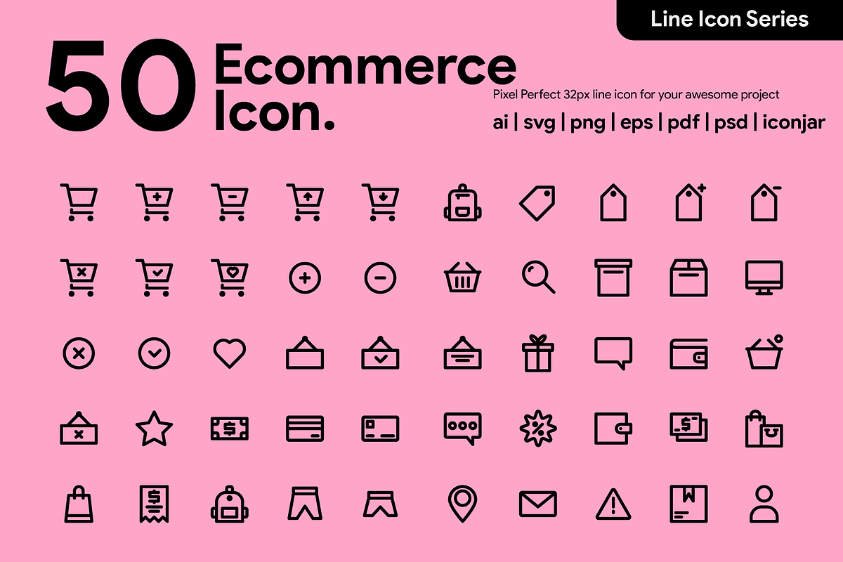 50 Ecommerce Line Icon, an Outline Icon by Kawalan Studio (Photo 1 of 9)