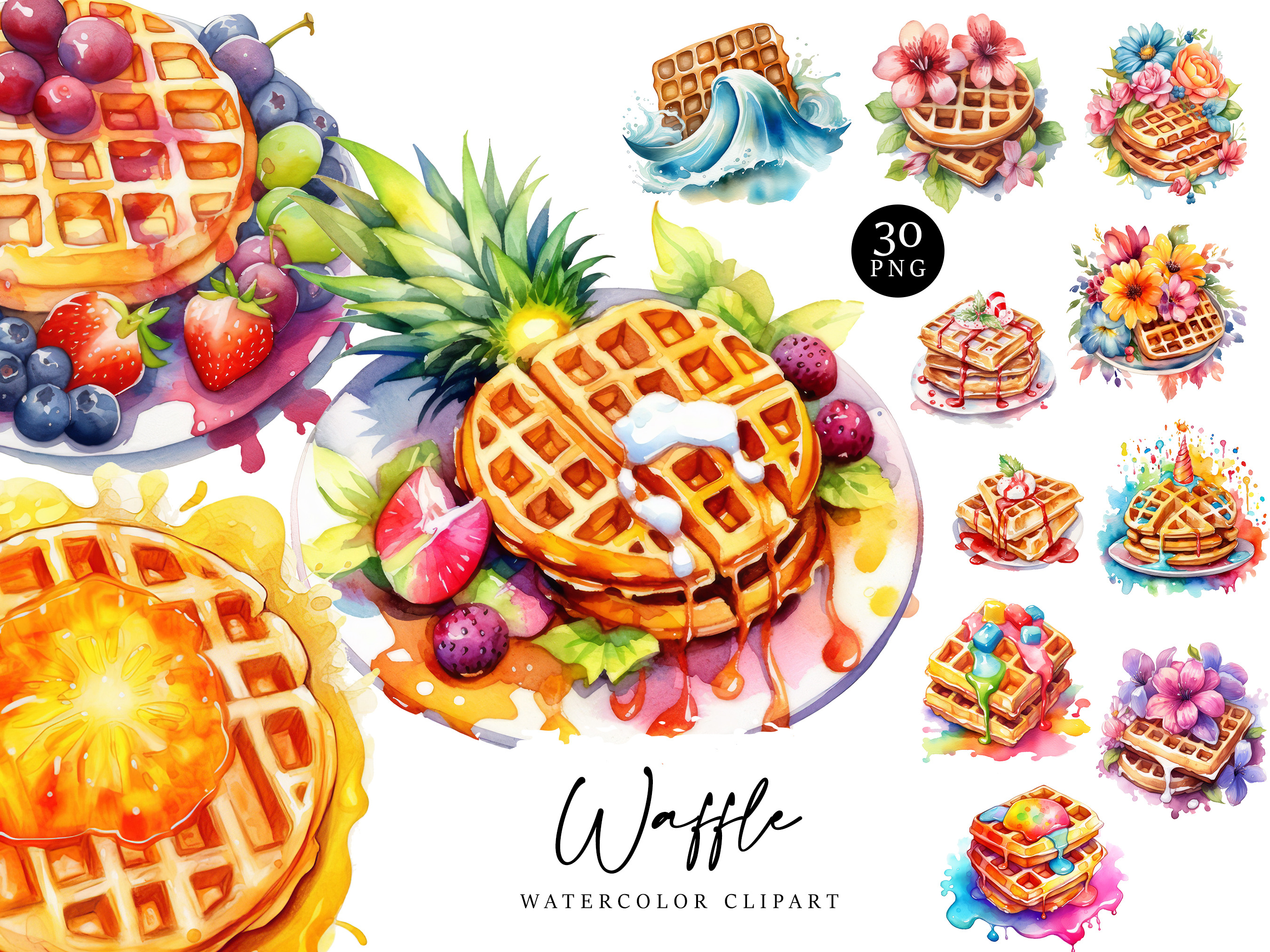 Watercolor Waffle Clipart Bundle, a Food Illustration by Design Scotch