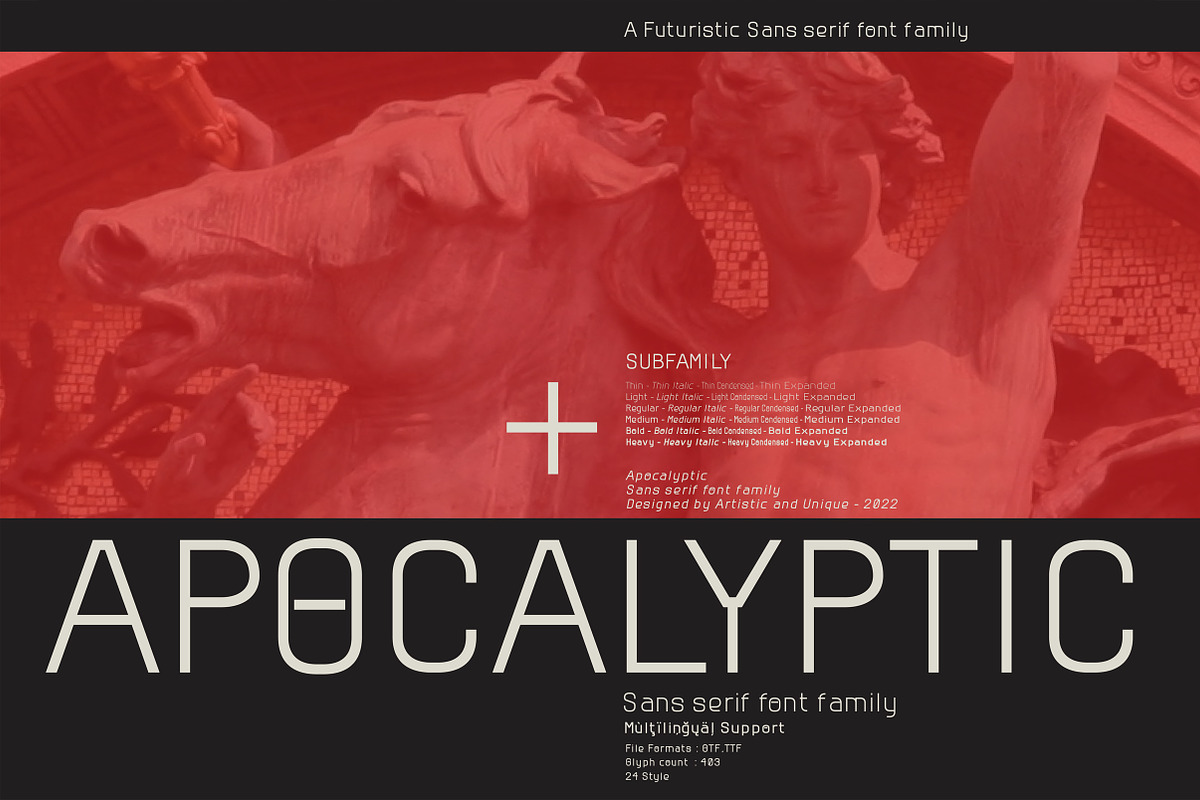 Apocalyptic - Sans Serif Font Family, a Sans Serif Font by Artistic & Unique (Photo 1 of 14)