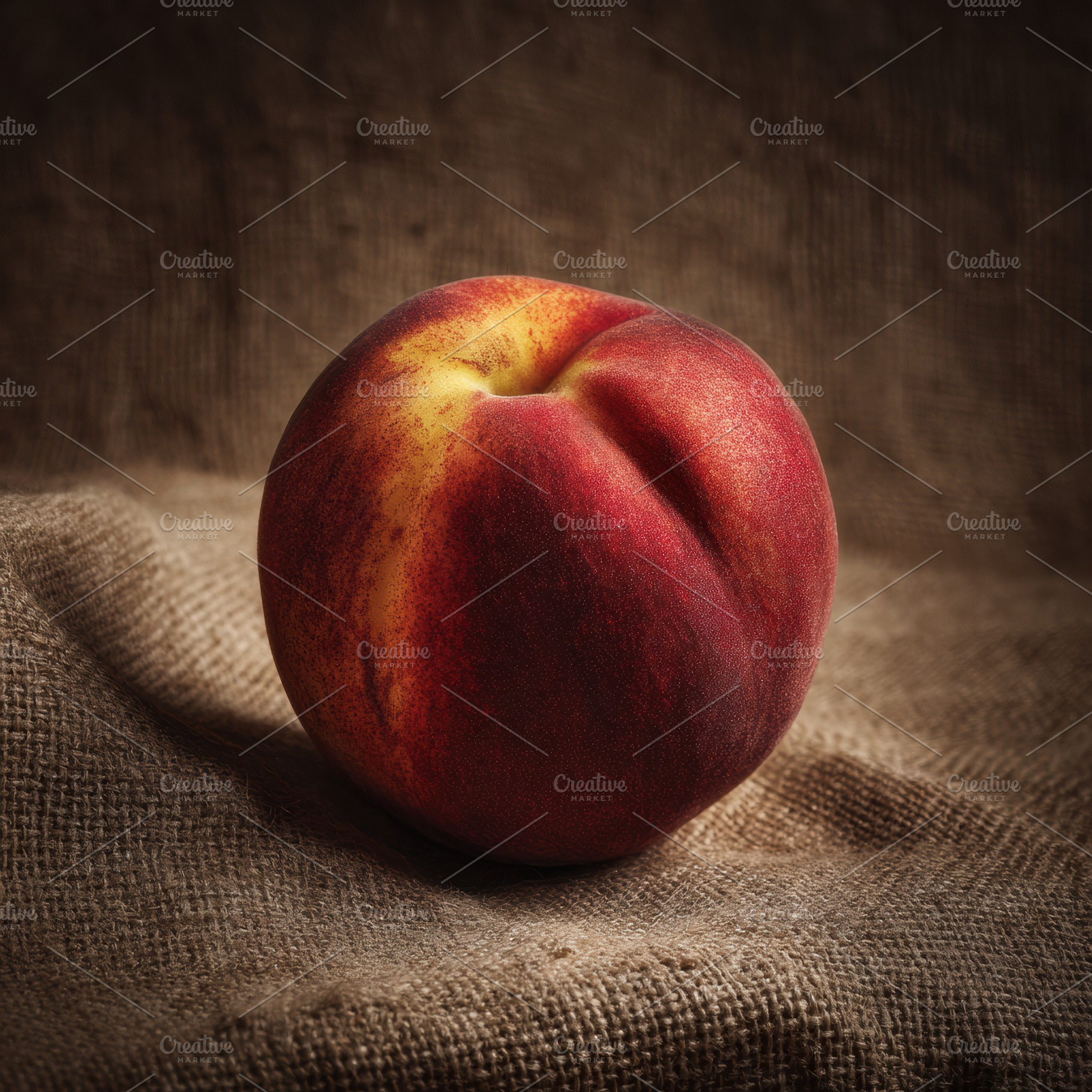 One peach on natural jute background, a Photo by Virgo Studio