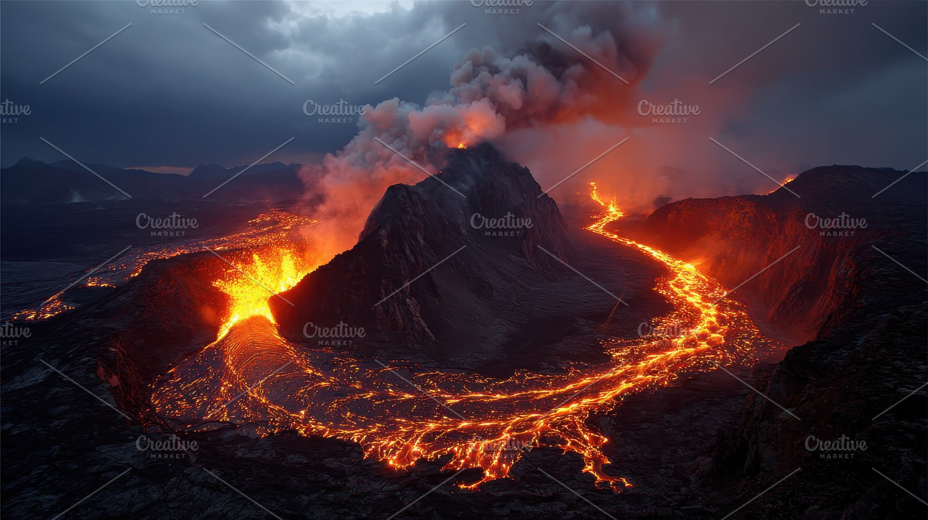 Volcanic Eruption Lava Flow Night Sc, a Photo by Pixeness Studio