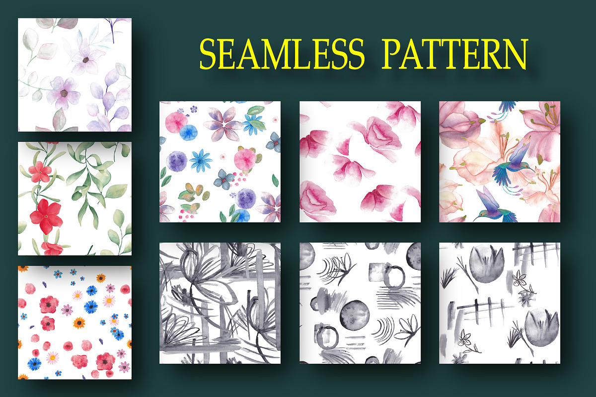 Bright watercolor flowers 1, a Pattern Graphic by Digital illustration shop (Photo 2 of 4)