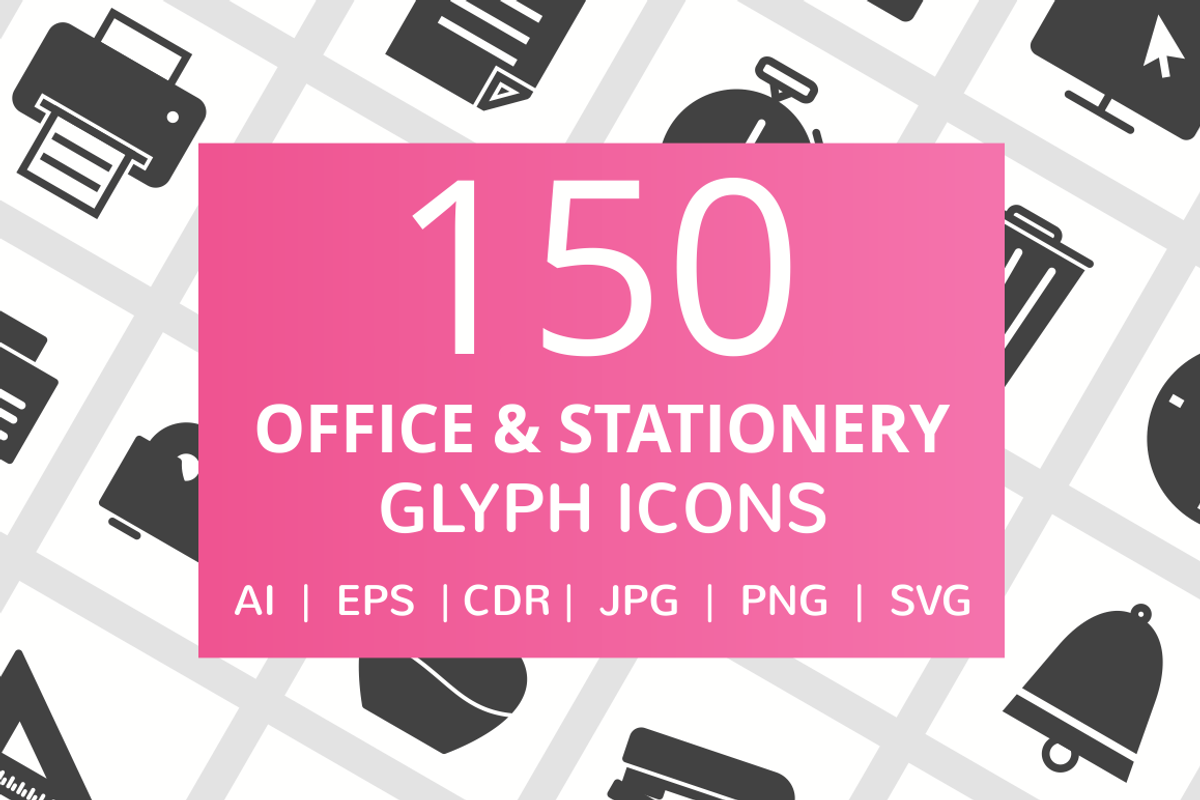150 Office & Stationery Glyph Icons, an Outline Icon by IconBunny (Photo 1 of 6)