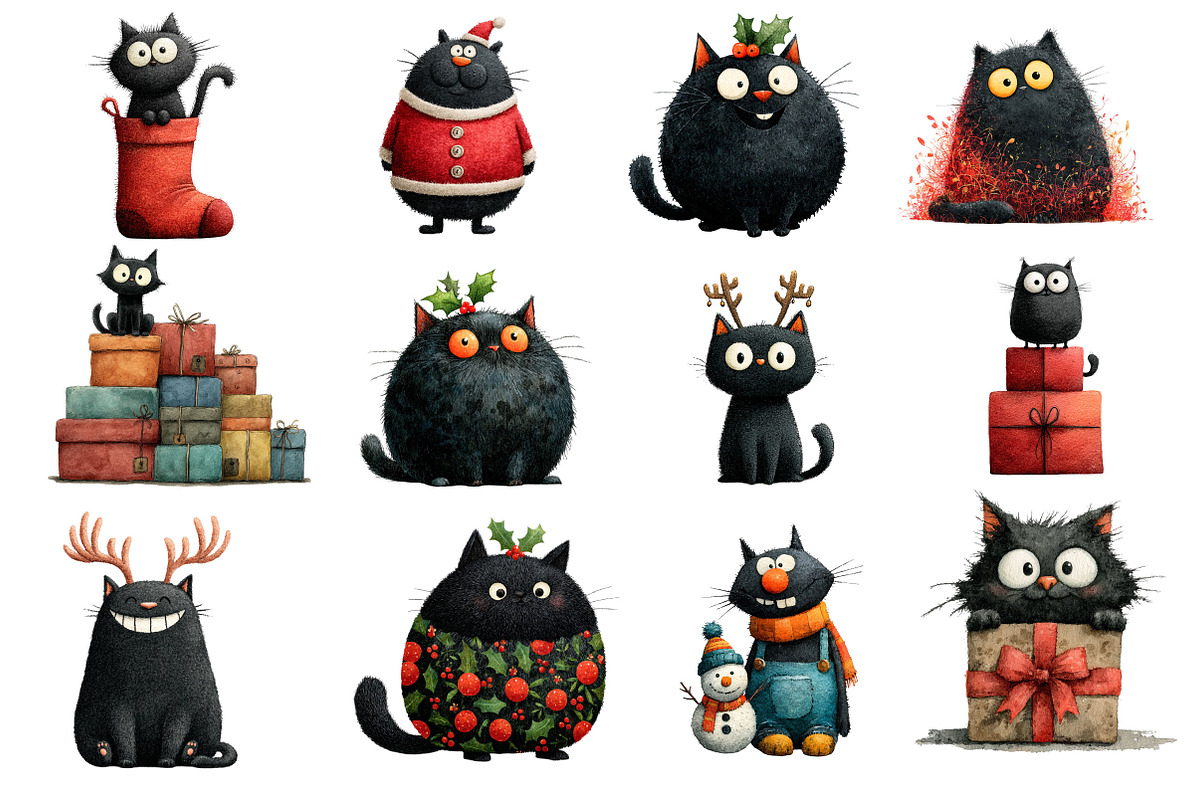 Quirky Christmas Black Cat Clipart, an Illustration by Dream Creation (Photo 3 of 6)