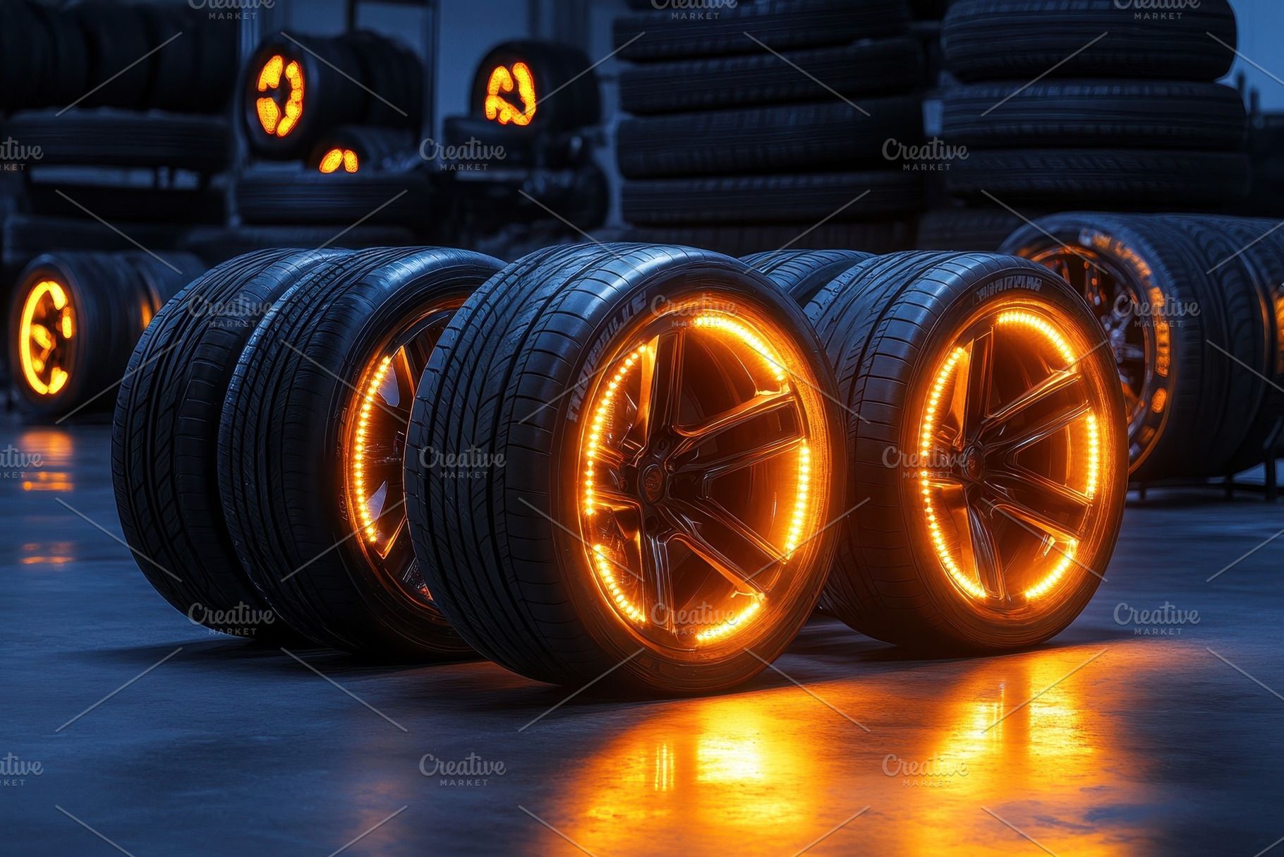 Illuminated tires glow at night, a Photo by Pavel_design