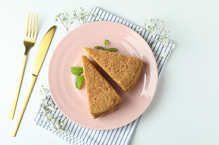 Concept of tasty dessert with honey cake, top view, a Food & Drink Photo by AtlasStudio PRO