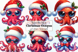 Watercolor Christmas Octopus Clipart, a Work Illustration by CraftArtStudio