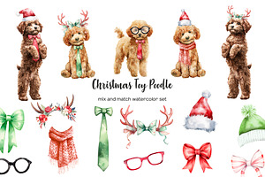 Watercolor Christmas toy poodle set