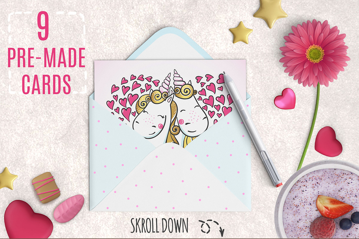 Romantic set with Cute Unicorns, a Decorative Illustration by MalniArt (Photo 4 of 6)