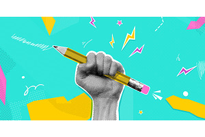 Hand pencil collage. Fist hold pen, an Education Illustration by Stock-Smart-Start