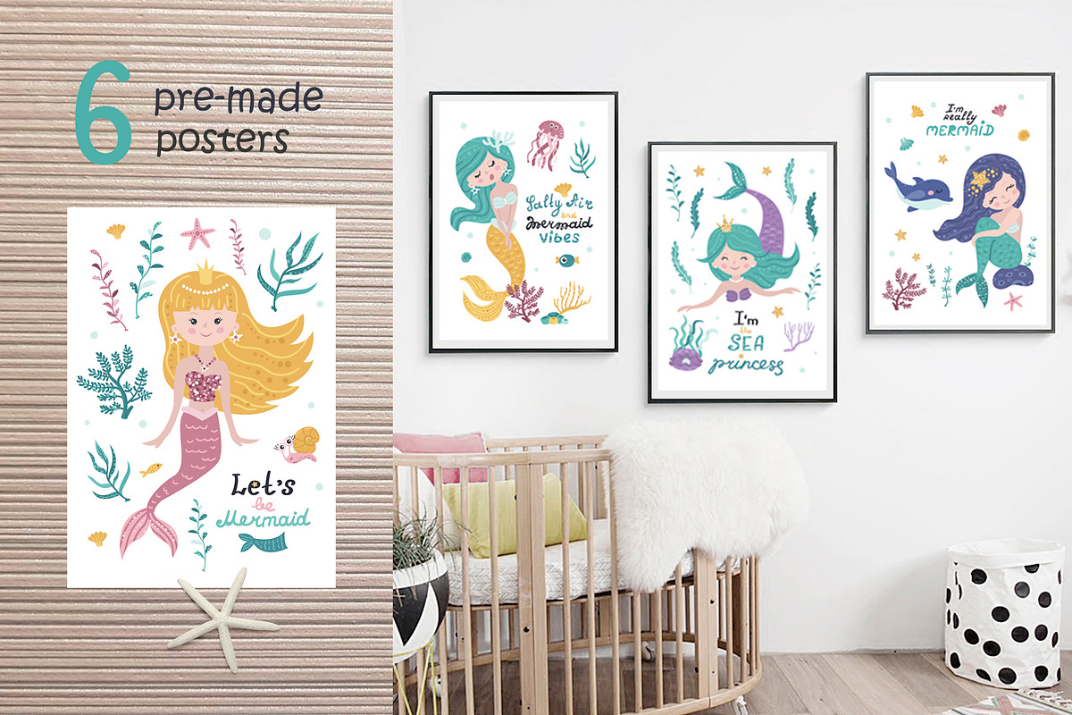 Mermaid Clipart & Pattern, a Wallpaper Graphic by Nafanya (Photo 7 of 9)