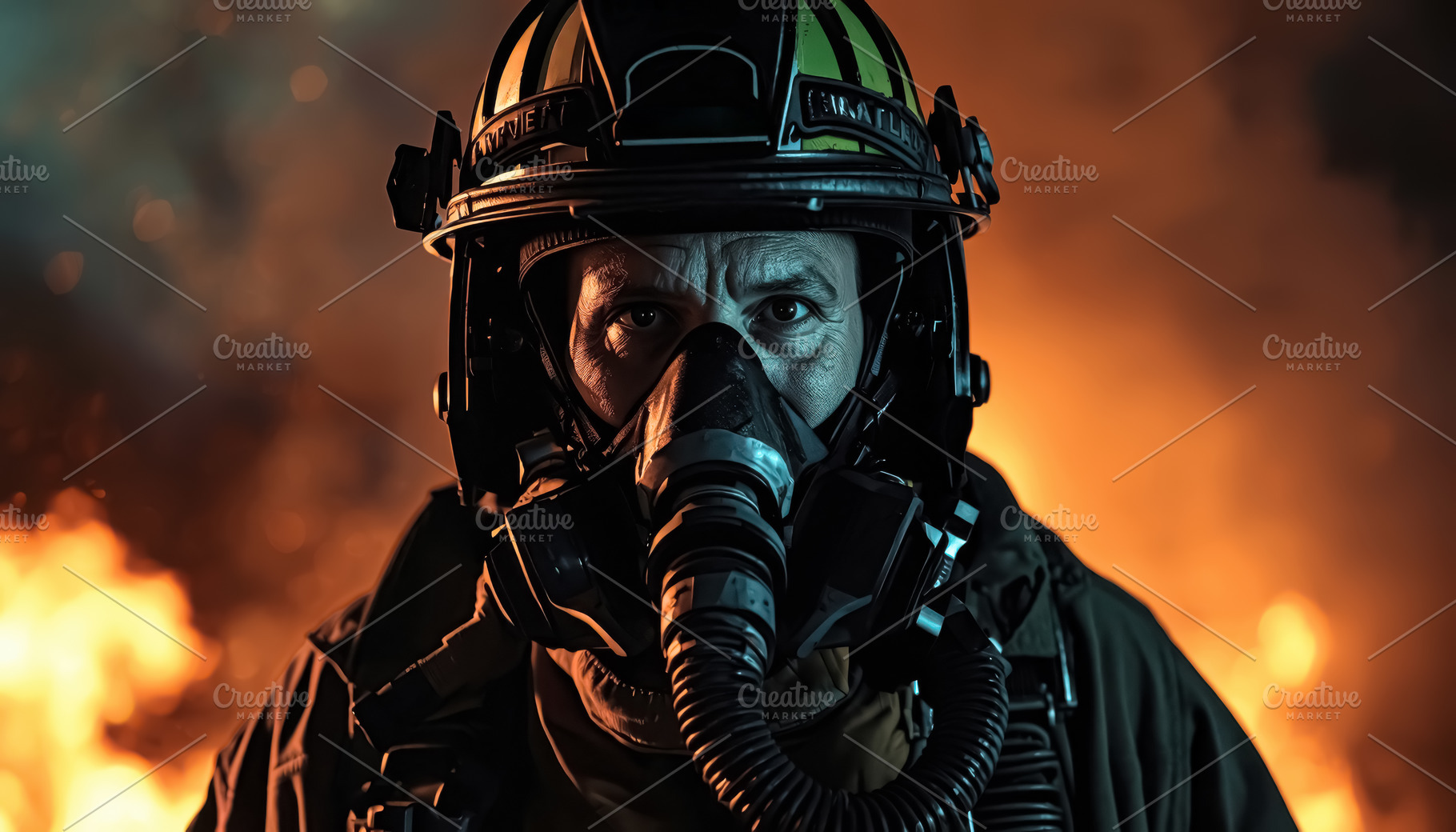 Firefighter with oxygen mask facing, a Person Photo by Perpis