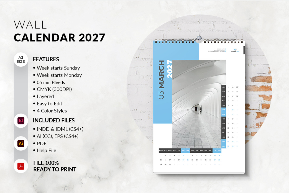 2027 Wall Calendar Template, a Stationery Template by MstArtwork (Photo 3 of 6)