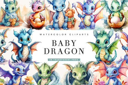 Watercolor Baby Dragon Clipart, an Animal Illustration by BusyDaydesign