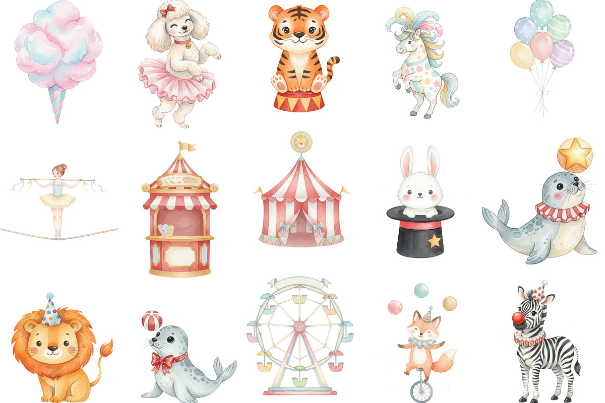 Watercolor Cute Circus Clipart, an Illustration by Designking (Photo 4 of 5)