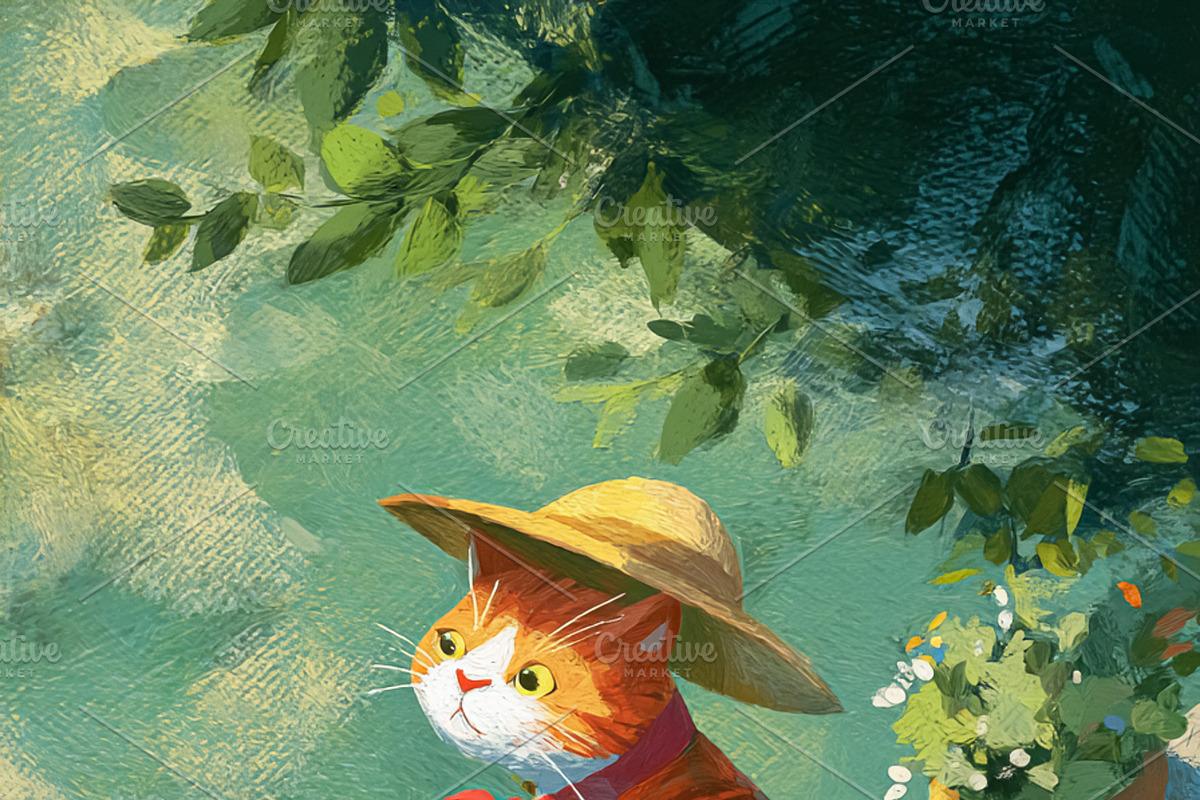 Ginger cat wearing straw hat sitting outdoors among gifts and pl, an Illustration by Studio ANNA