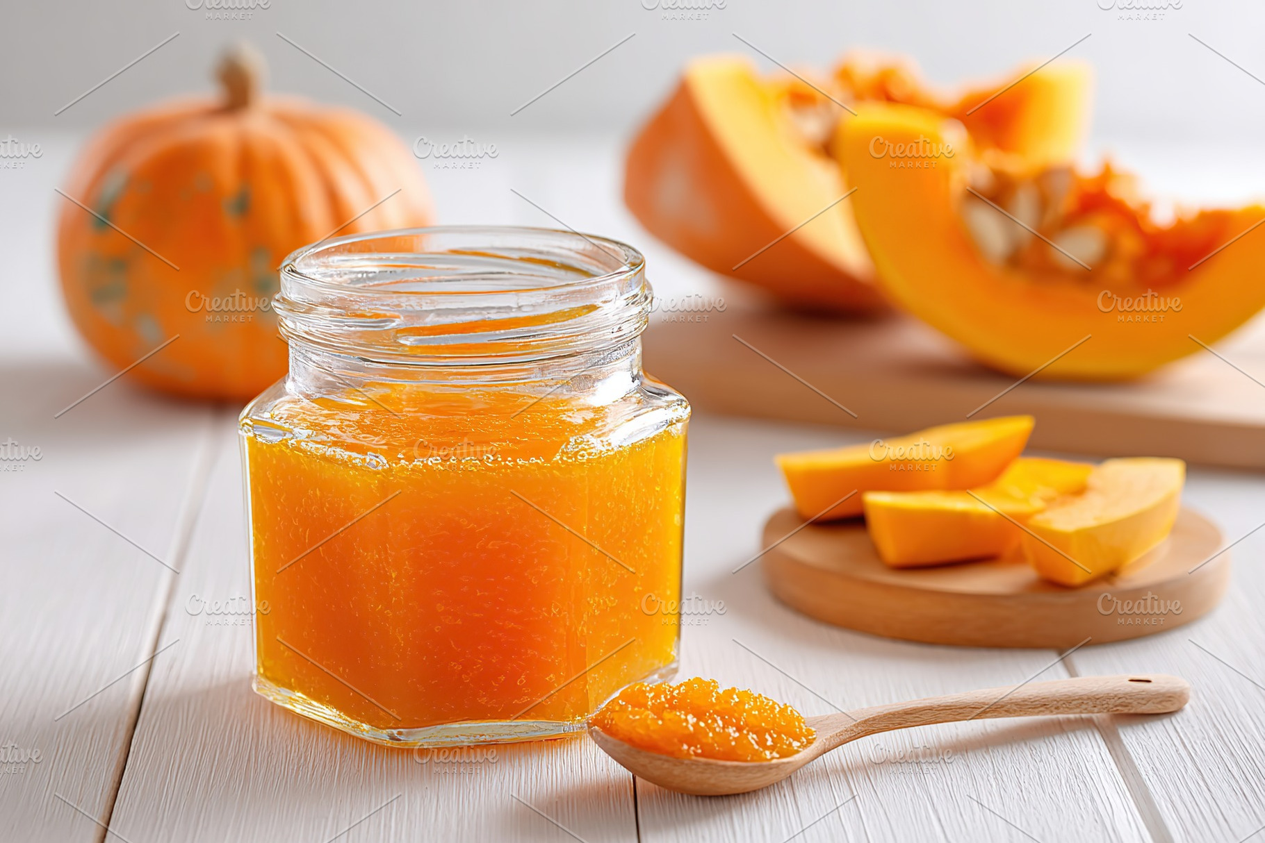 Freshly made pumpkin puree displayed in a jar with cut pumpkin pieces on a wood, a Food & Drink Photo by AlyaAnd