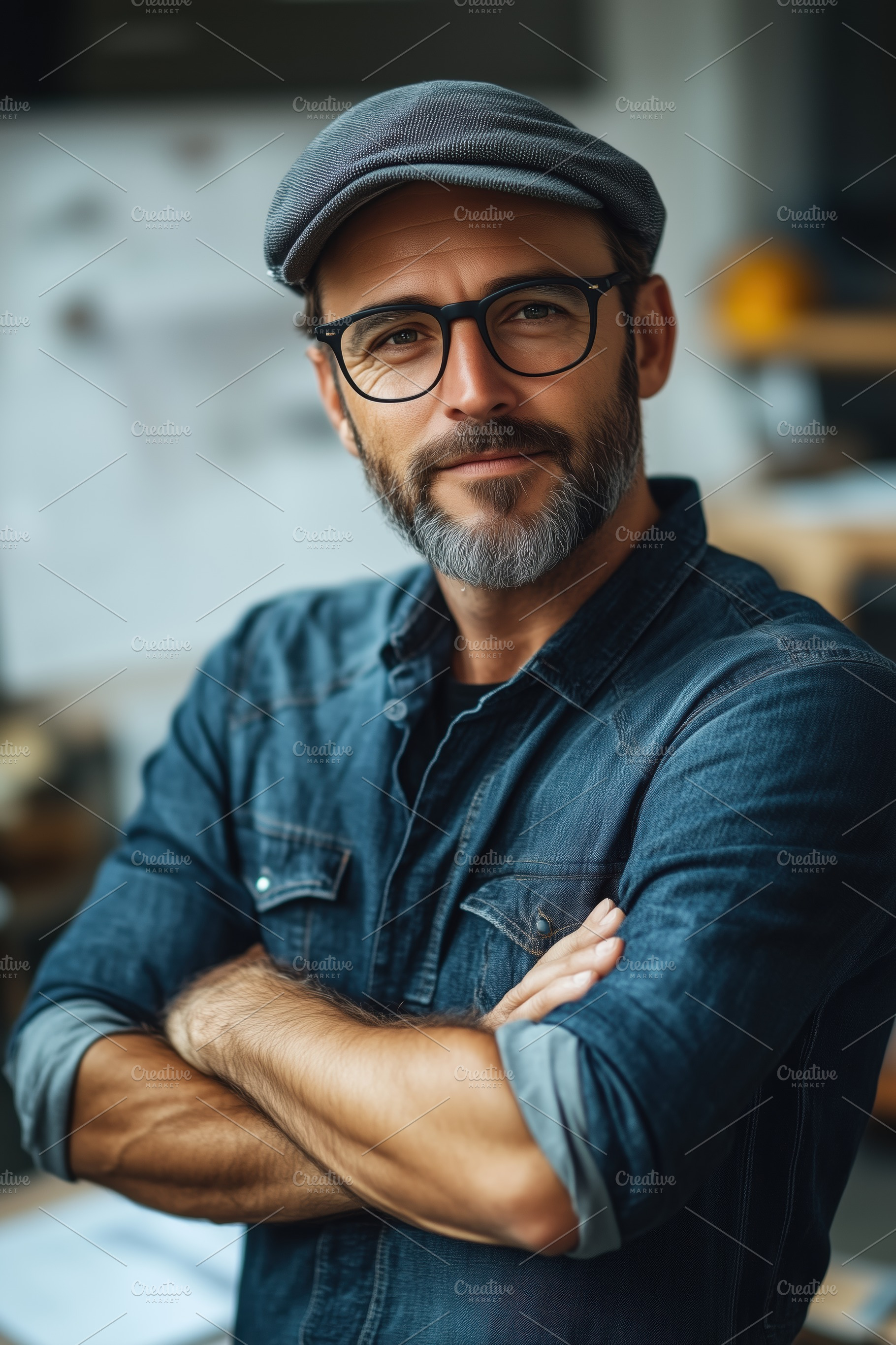 A confident industrial designer man with a beard and glasses, wearing a denim s, a Person Photo by Textures & Backgrounds