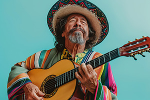 Beautiful mexican senior man wearing sombrero and poncho and playing guitar on, a Photo by AlyaAnd