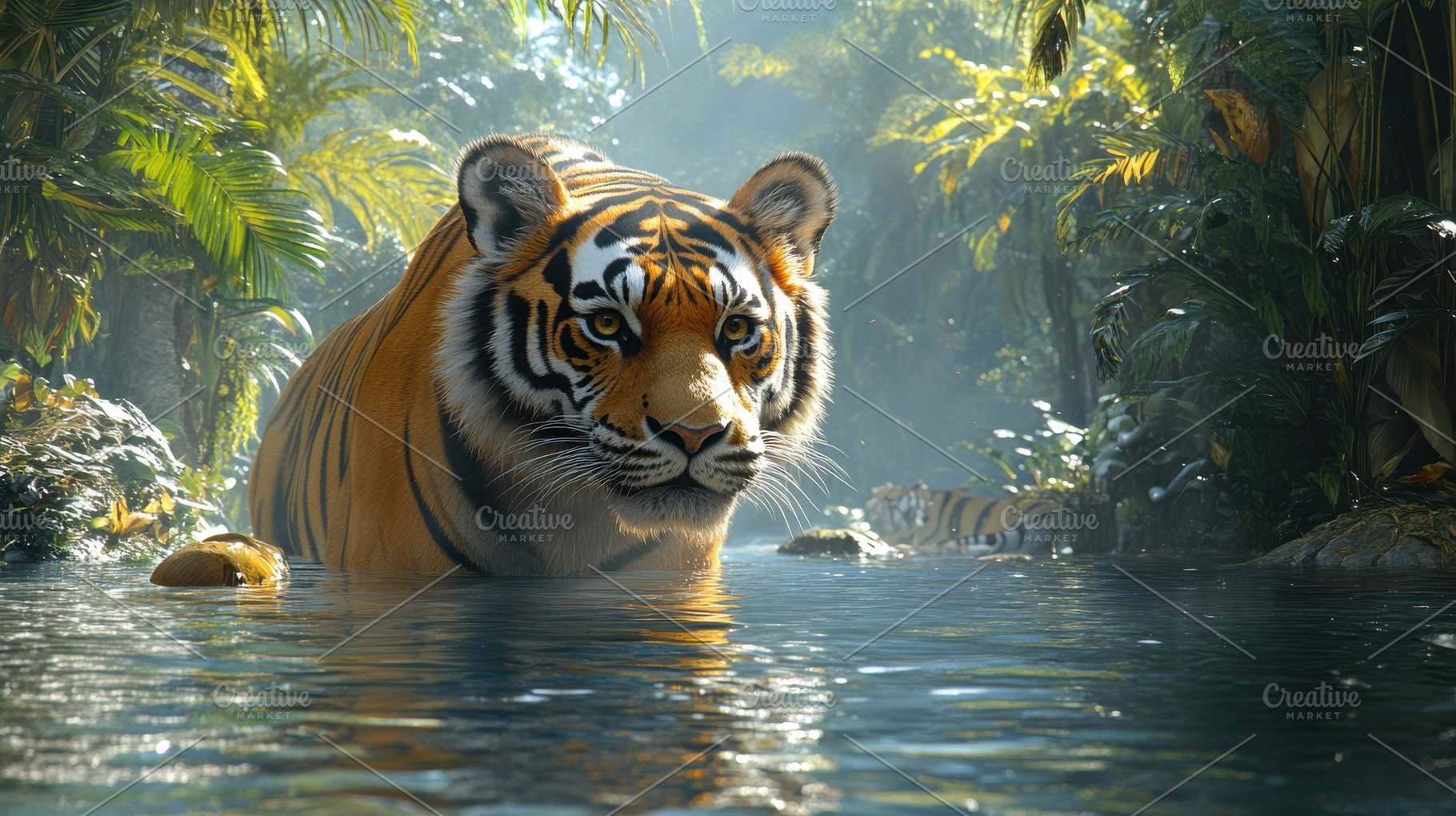 A majestic tiger wades through a tro, an Animal Photo by Pixeness