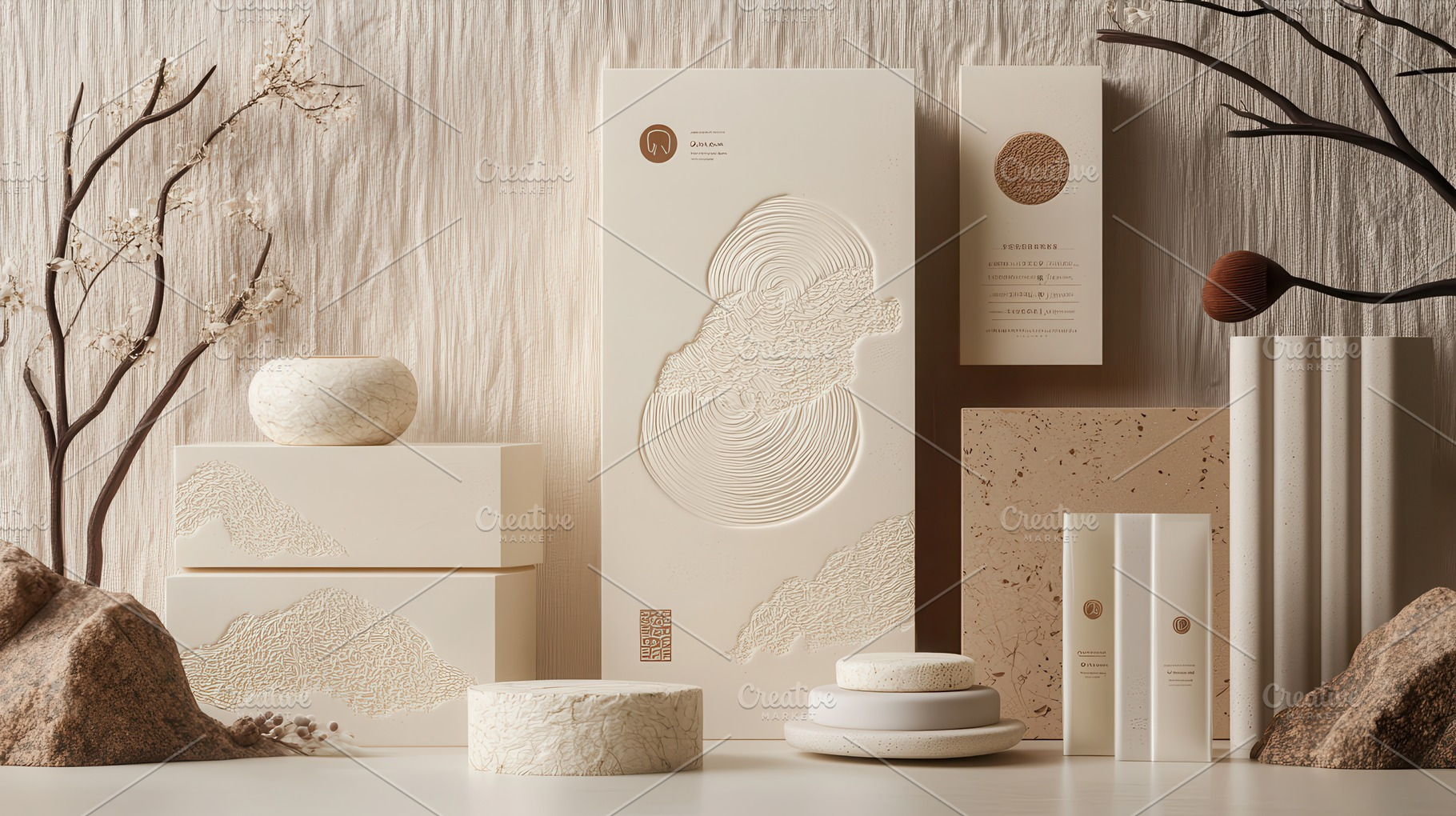 Neutral hued product display with te, a Background Photo by Pixeness Studio