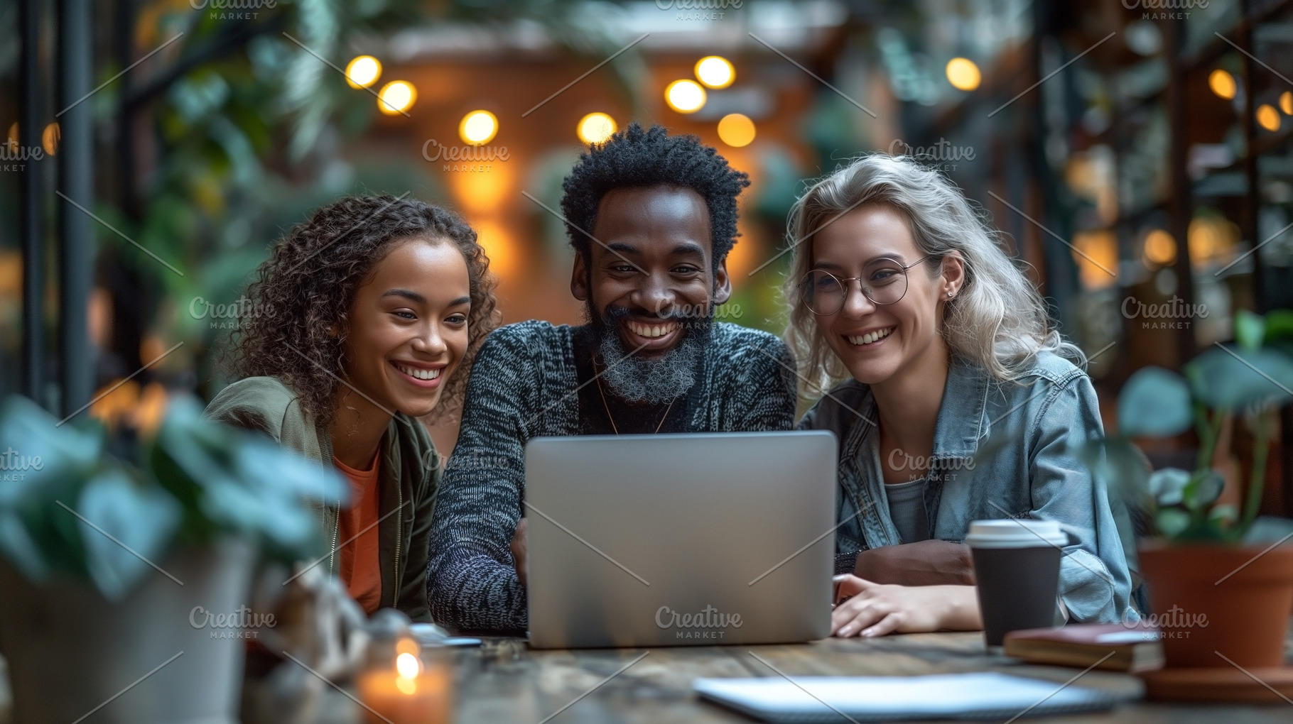 Three friends enjoying a laptop session in a cozy, plant-filled café., a Person Photo by ImageMir