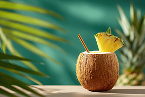 Tropical coconut drink with pineapple garnish on a bright summer day, a Food & Drink Photo by AlyaAnd