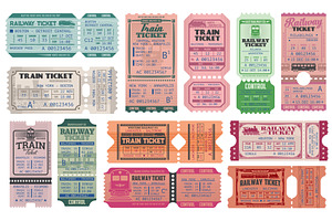 Railway, train retro tickets, admits, a Transportation Illustration by Vector Tradition
