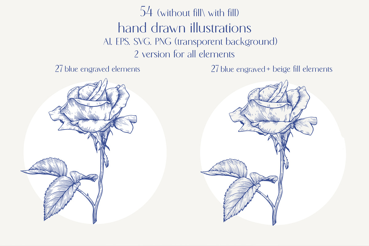 Roses Vintage set Blue Toile Vector, an Object Graphic by ON_lineart_store (Photo 2 of 10)