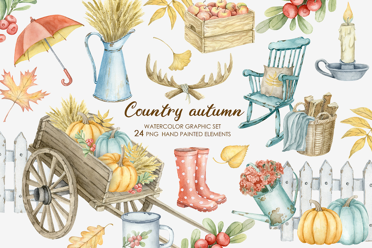 Watercolor rustic autumn clipart, a Decorative Illustration by AquarelleSpace (Photo 1 of 4)